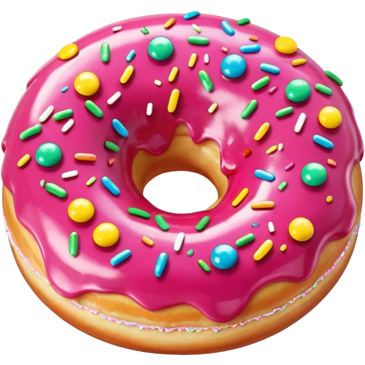 round donut covered in shiny pink glaze and rainbow sprinkles, emoji style emoji