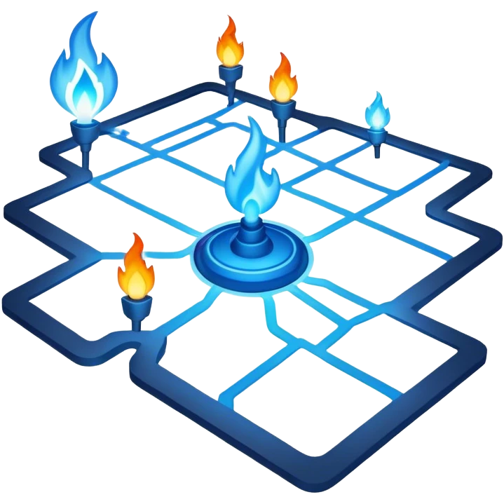 a map with a glowing blue flame on the x and networking paths emoji