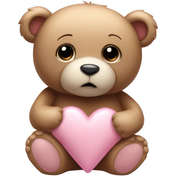Teddy bear with sad eyes holding a pastel pink heart emoji