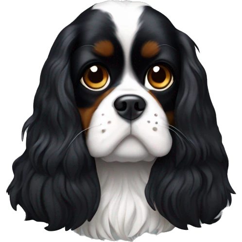 Small completely black king charles spaniel with black fur on his whole face and white fur on chest emoji