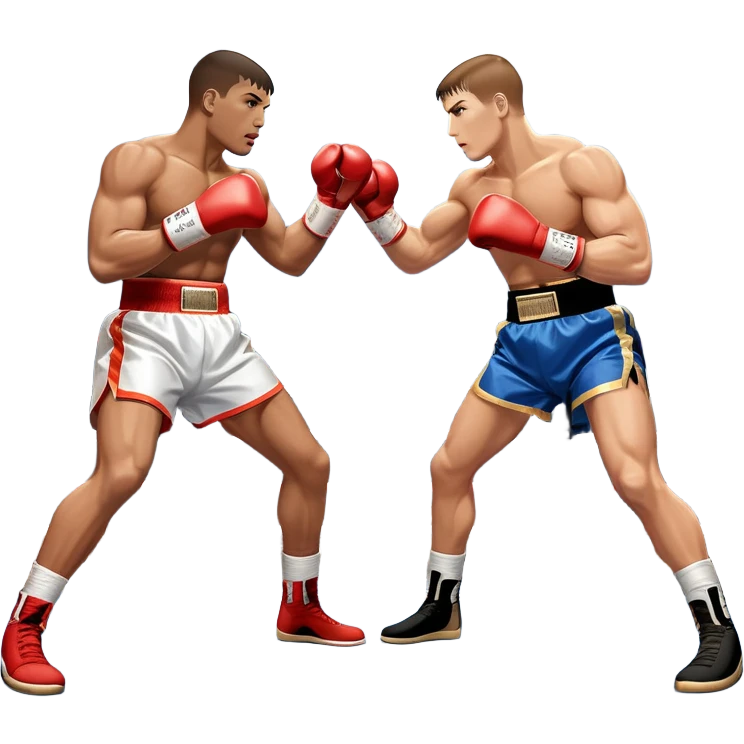  a high-stakes boxing match for the world championship title. Two professional boxers, wearing gloves and championship belts, exchange powerful punches in the center of the ring. The background features a packed arena with bright lights, a roaring crowd, and the championship banner hanging above.  emoji