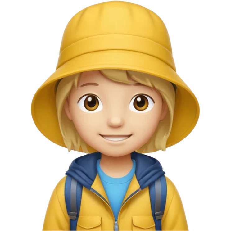 Little student wears yellow bucket hat and jacket, backpack, happ emoji