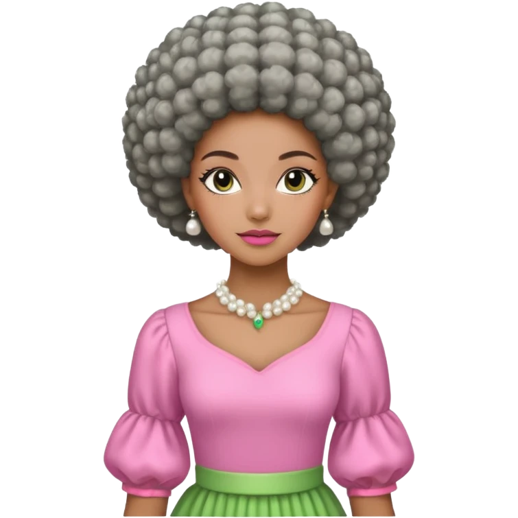 Pretty Brown woman with a very very short stylish gray Afro  wearing pink and green dress  and pearl blouse with sleeves emoji