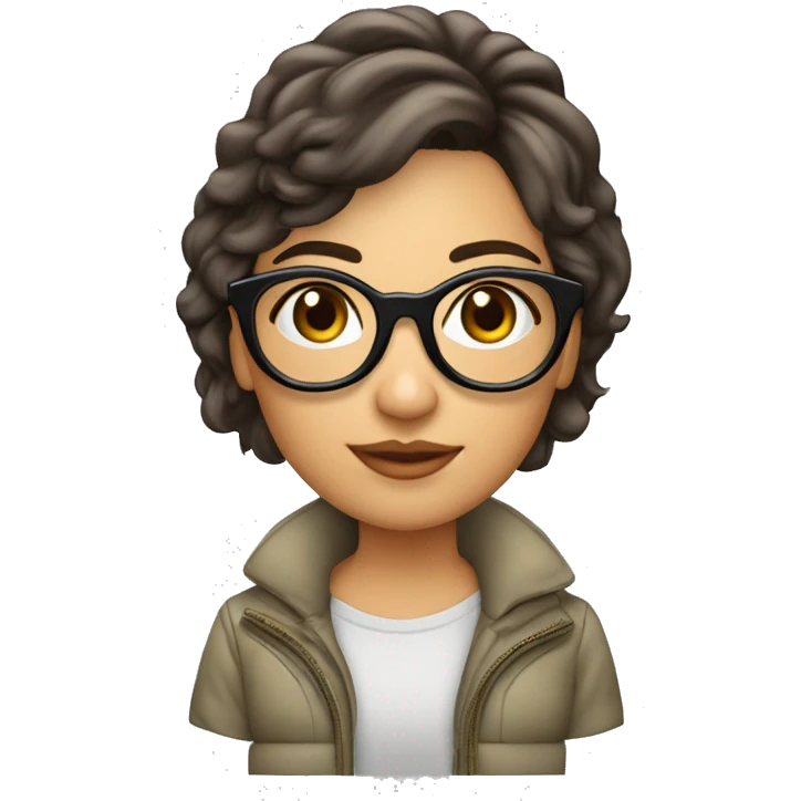 Una chica blanca, de cabello corto hasta los hombros  marrón, lentes de aviador, con un celular   emoji