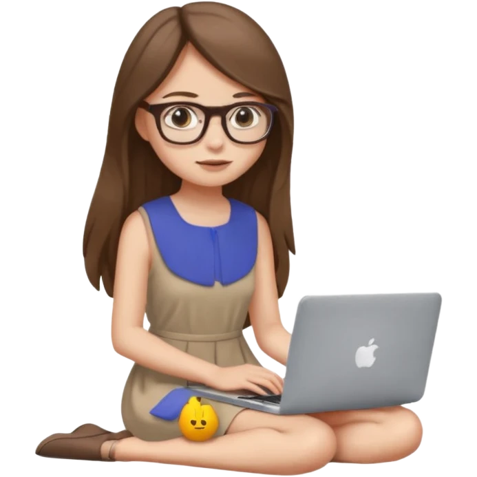 Girl in glasses,brown long hair, beige dress, sitting with gray MacBook emoji