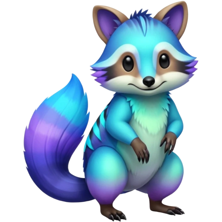 Iridescent Neon Green-Cyan-Blue-Purple-gradients Tanuki-Numbat-Sergal-fusion-hybrid-animal-creature, full body emoji