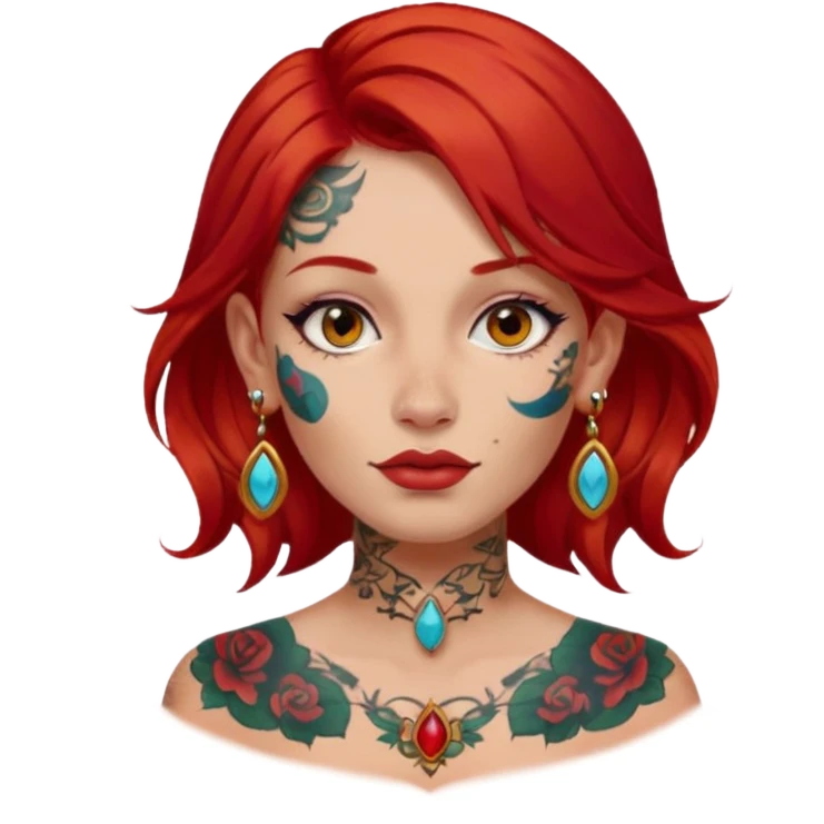 red hair woman with extra  big earring and face tattoed emoji