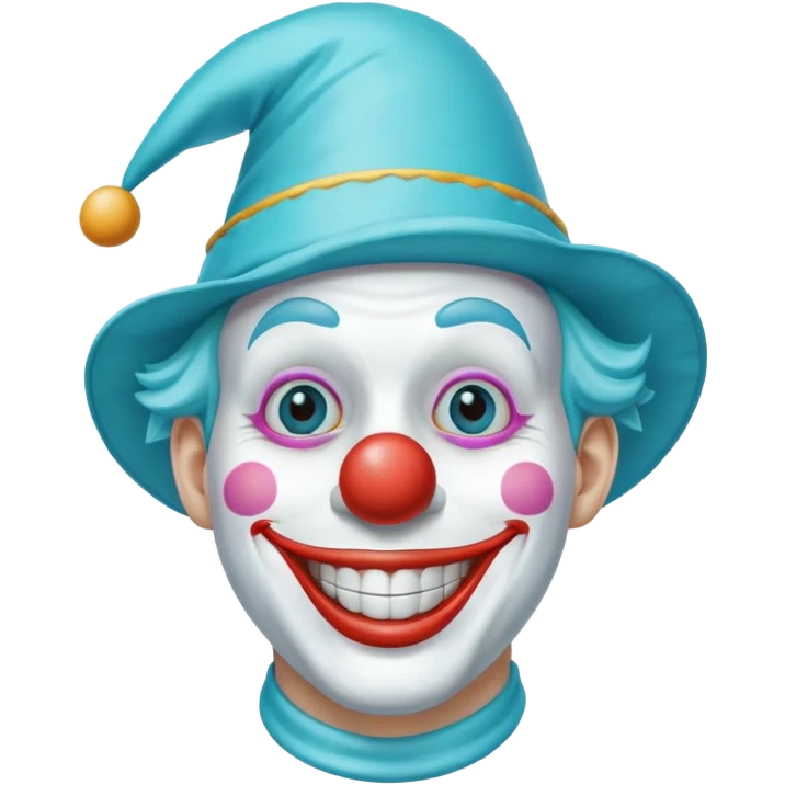 Chú hề, đội mũ chú hề cao xanh nước biển, cười tươi, khuôn mặt dài, 25 tuổi emoji