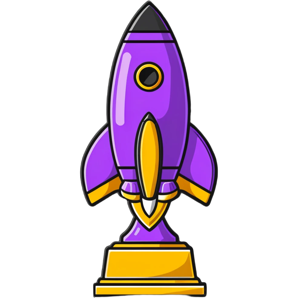 Golden rocket achievement award, shiny gold rocket on a trophy stand emoji