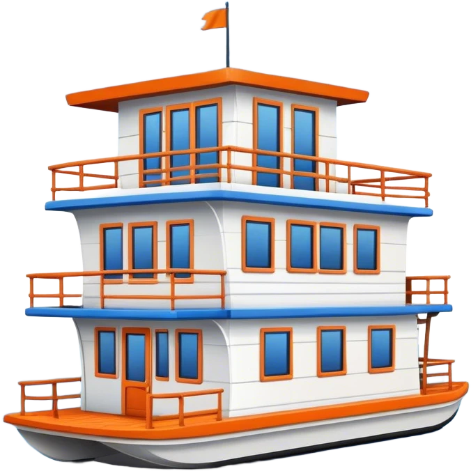 Houseboat white, roof top patio, blue and orange trim emoji