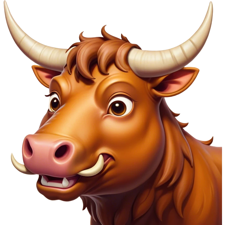 Cinematic Comical Domestic Ox Portrait Emoji, Head tilted dramatically with an exaggeratedly amused expression, featuring a striking, glossy hide with boldly curved horns and wide, expressive eyes brimming with playful disbelief, Simplified yet hilariously expressive features, highly detailed, glowing with a slightly sassy earthy glow, high shine, dramatic yet playful, stylized with an air of cheeky rural mischief, soft glowing outline, capturing the essence of a spirited and over-the-top ox that looks ready to charge its way into internet fame instantly! emoji