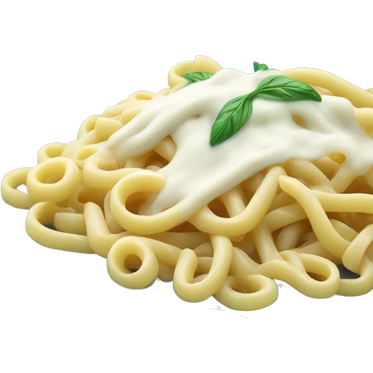 long thin pasta noodles on a blue plate with white sauce and shimp, green background emoji