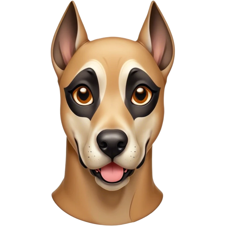 Cinematic Comical Fawn Great Dane Portrait Emoji, Head tilted dramatically with an exaggeratedly amused expression, featuring a sleek fawn coat with a subtle dark mask, wide, expressive amber eyes filled with playful disbelief, Simplified yet hilariously expressive features, highly detailed, glowing with a slightly sassy glow, high shine, dramatic yet playful, stylized with an air of cheeky mischief, bright and endearing, soft glowing outline, capturing the essence of a spirited and over-the-top guardian, so meme-worthy it feels like it could side-eye its way into internet fame instantly! emoji