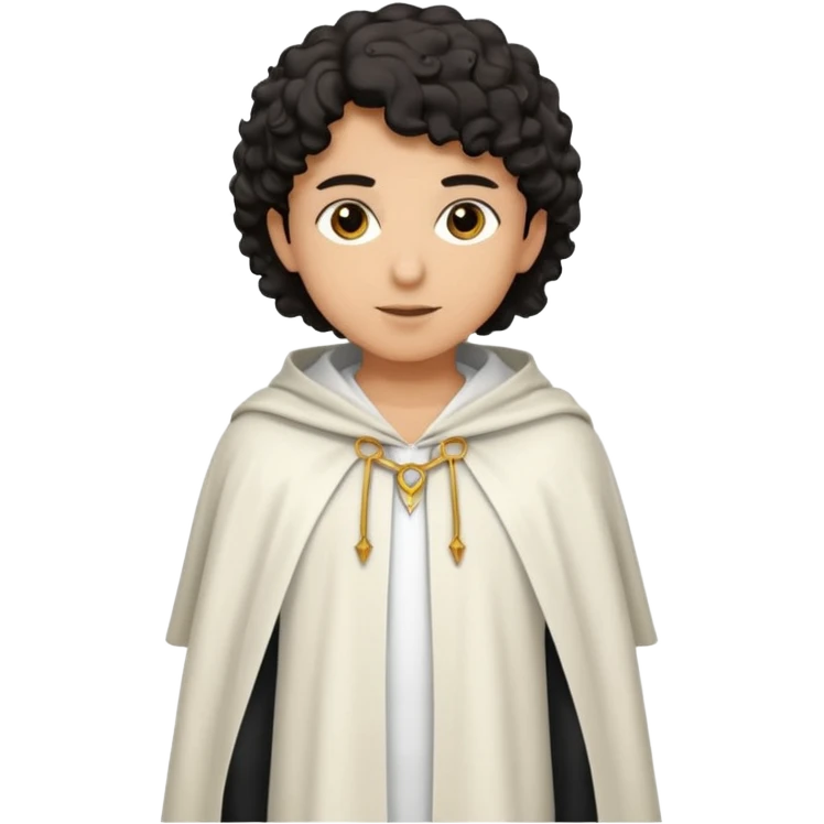 Apariencia: Joven de unos 25-30 años, atractivo,.
-Rostro: Ojos oscuros, piel ligeramente morena, rasgos árabes finos.
-Cabello: Negro, rizado corto, viste como cristiano (camisa blanca, capa corta, colores sobrios). Que salga de cuerpo completo emoji