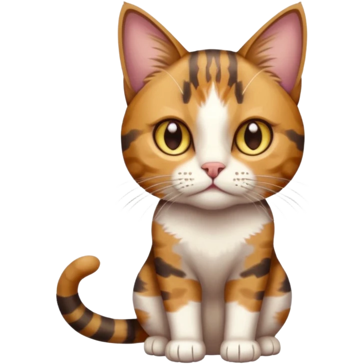 full body anxious looking colourful light calico tabby cat with hazel eyes  and half of face in brown tabby emoji