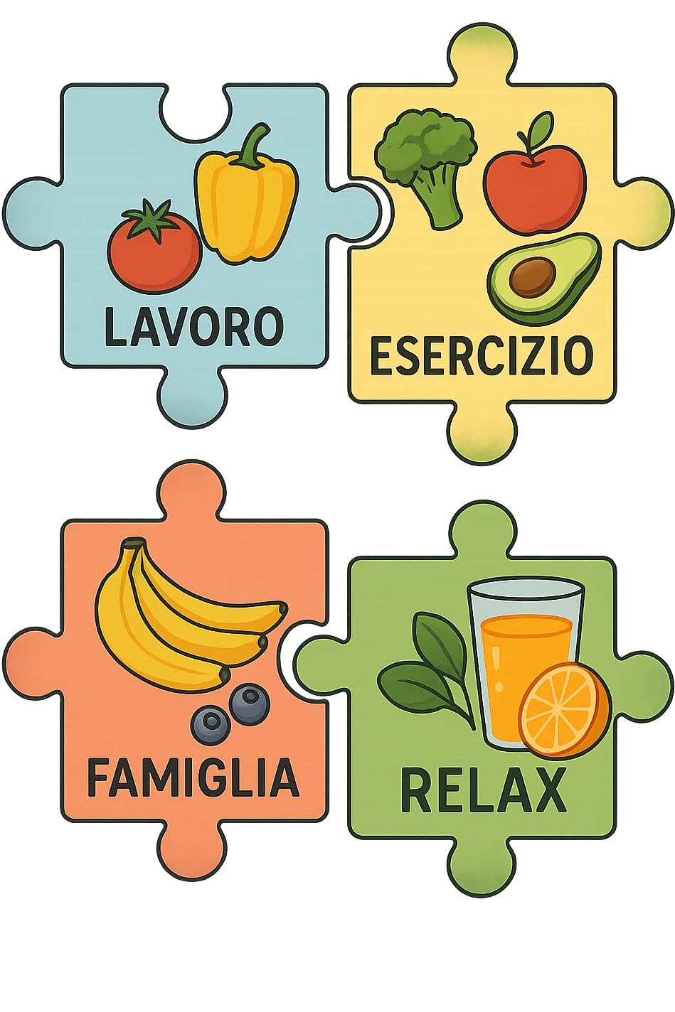 Puzzle (Lavoro, Esercizio, Famiglia, Relax), and healthy foods are integrated into each piece. in italiano emoji