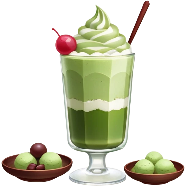 Japanese matcha parfait in a glass, with layers of green tea ice cream, red bean, mochi cubes, and whipped cream. Soft neutral background, cozy kissaten vibe. emoji