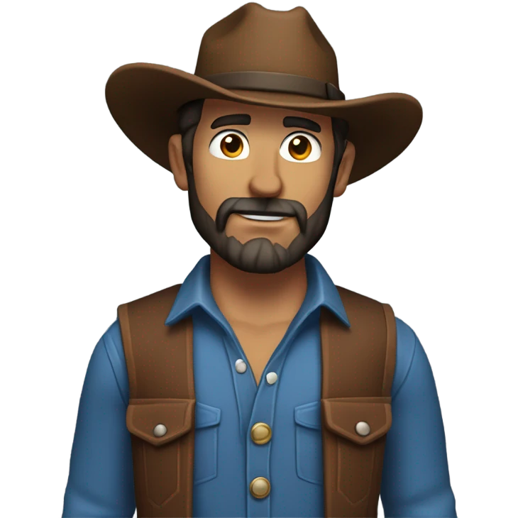 a rugged cowboy with a thick beard, wearing a blue vest over a classic western shirt and a brown belt with a silver buckle. He should have a confident stance, showing full torso emoji