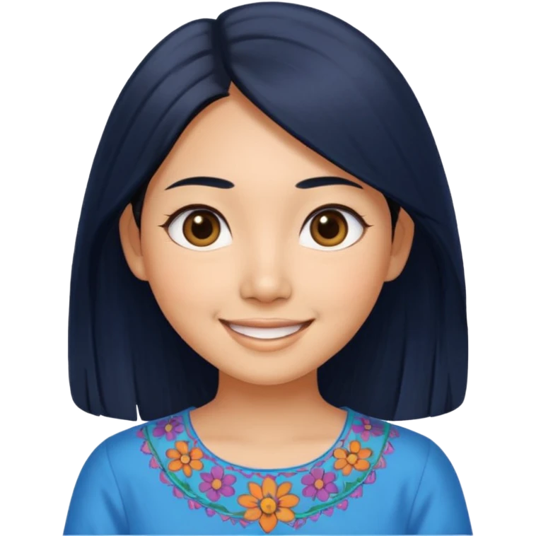 30 yr old asian woman center parted hair big eyes big smile tanned skin straight black hair hippie part hair blue blouse emoji
