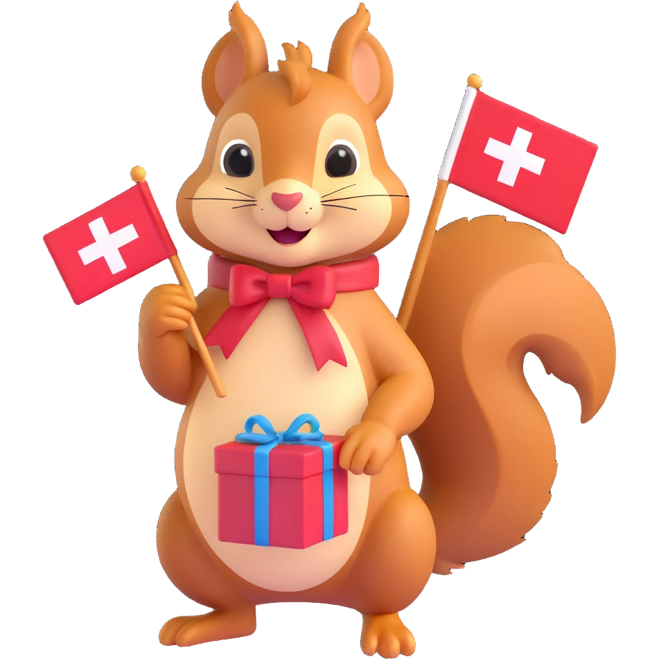 squirrel holding a present and a Swiss flag emoji