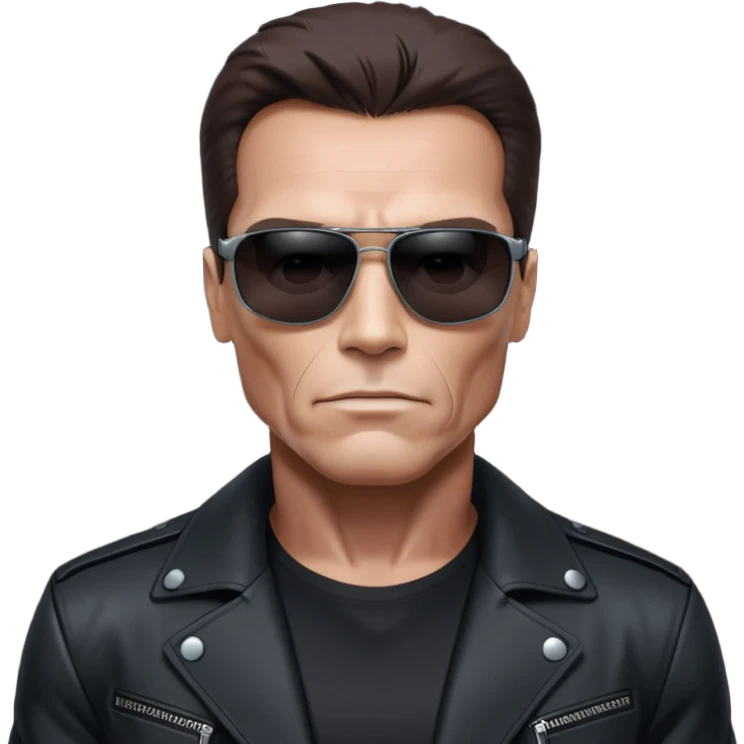 Schwarzenegger-like Terminator, upper body only, wearing his iconic clothes in black (all clothes must be black), looking more human with minimal robotic details, and wearing dark sunglasses, hair must be dark emoji
