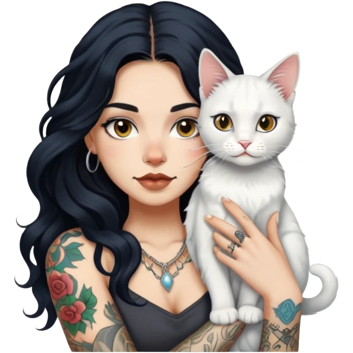 girl with long wave black hair and tattoos and a white cat emoji