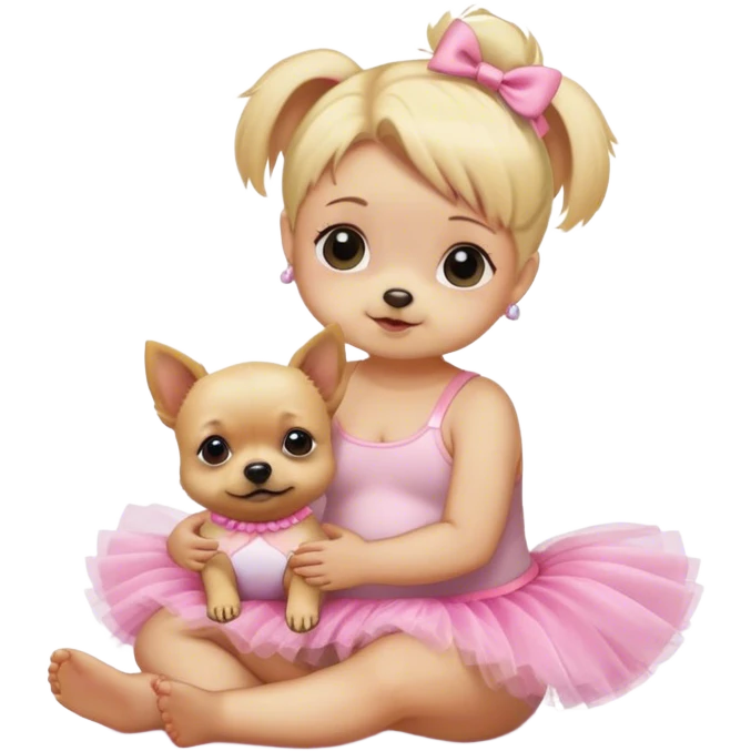 Blonde small dog sitting next to baby wearing a tutu emoji