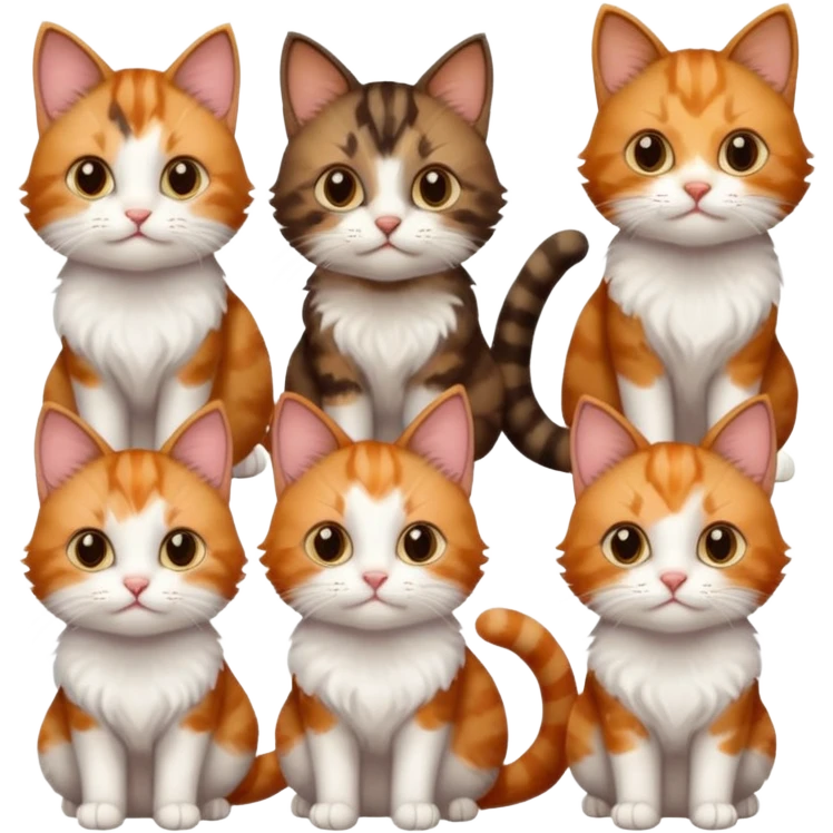 3 different coloured small cats including a dark brown tabby and white, and a patchy calico, and a ginger and white emoji
