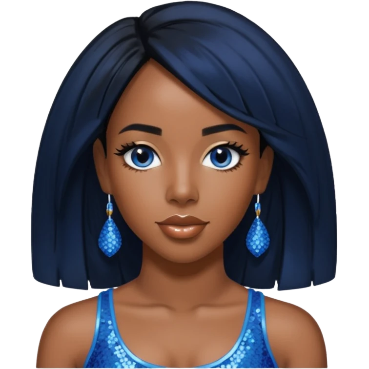 Kelly Rowland with black hair, blue sequin crop top, blue earring emoji