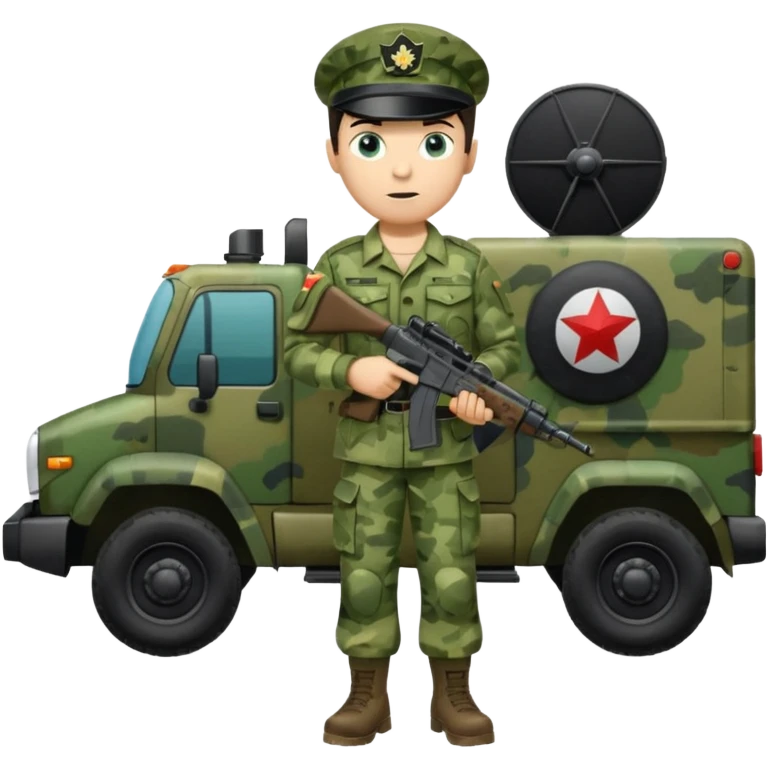 Full body of a dark haired blue eyed army man with radar truck weapon and wearing green camo uniform  emoji