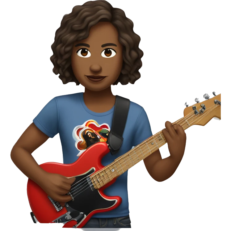 a brown eyed rock singer looking a little bit like rory gilmore wearing a red hot chili peppers tee and flare jeans playing the bass guitar emoji