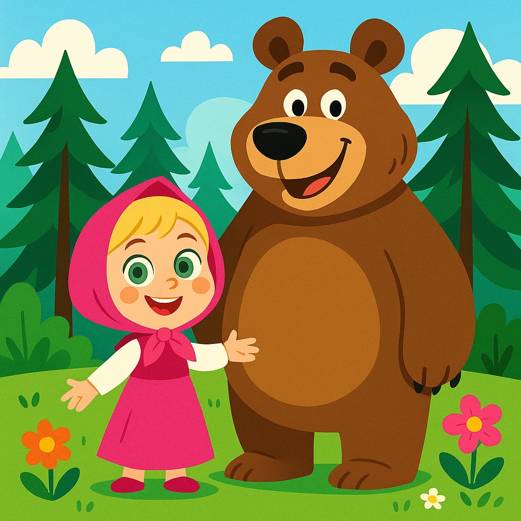 cute cartoon scene of a little girl with green eyes, blonde hair, pink dress and headscarf, smiling next to a big friendly brown bear in a lush green forest with tall pine trees and colorful flowers, bright and clean background emoji