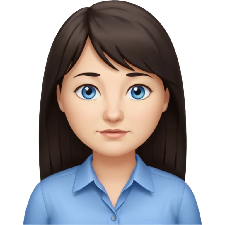 40 yr old woman, blue eyes, long straight dark brown hair, business shirt, chubby, bangs, long hair, tired, small smile emoji