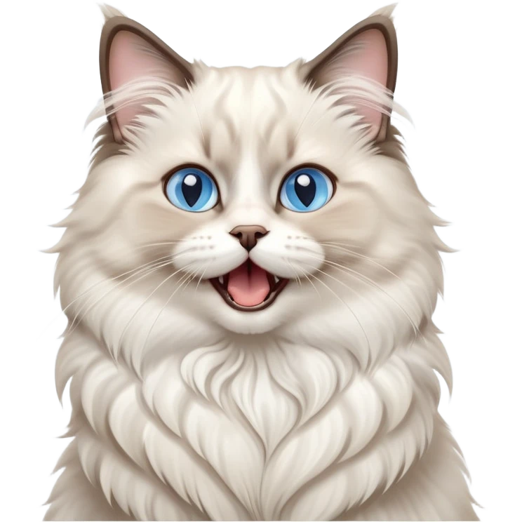 cinematic-adorable-big-eyed-fluffy-ragdoll-cat-portrait-emoji,-head-tilted-playfully-with-a-cute,-yawn,-white and grey fur,-simplified-yet-irresistibly-cute-features, blue eyes emoji