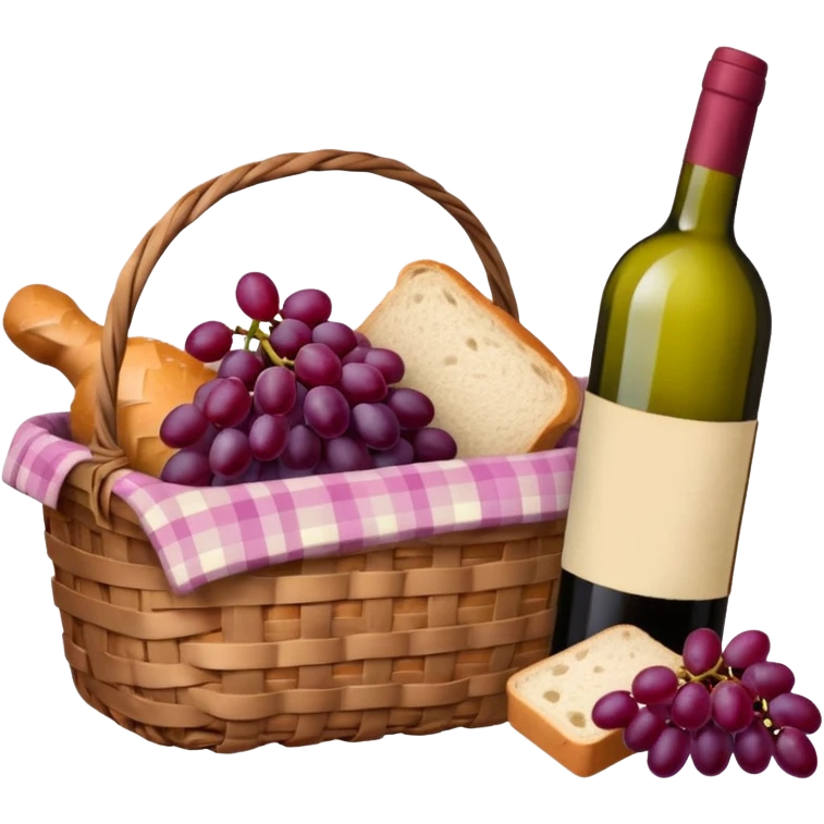 Food Basket, Pink basket, plaid lining, with both food, drink and fruits emoji