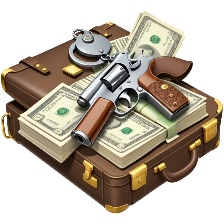 Icon for Action & Crime Reading: an open book with action-packed scenes, featuring a gun, handcuffs, a detective's badge and a briefcase with money. The icon should capture the tension and excitement of crime and action stories. Transparent background. emoji
