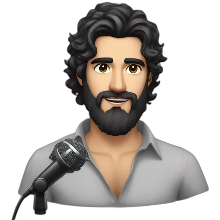 Brazilian Voice Actor Jefferson Melo, long beard, dark brown eyes under thick eyebrows, wavy messy black hair with a little gray wearing a taper haircut holding a voice over studio microphone emoji