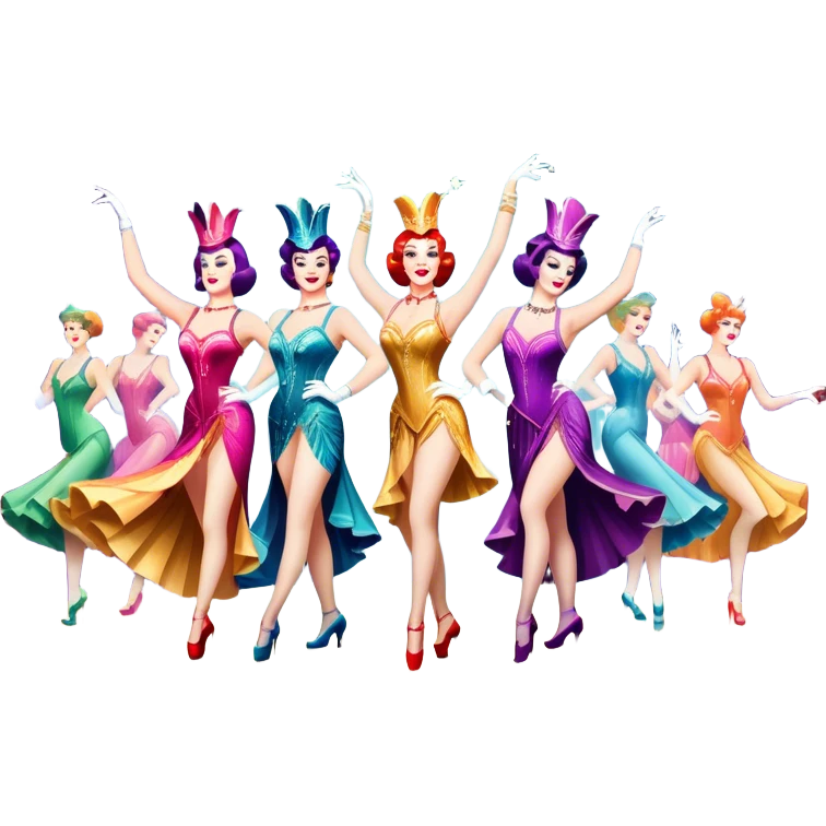 A vintage movie poster-style design inspired by Moulin Rouge. Include glamorous cabaret dancers in extravagant costumes, a colorful stage, sparkling lights, and a sense of drama. The atmosphere should be vibrant, with musical notes in the air. Retro cinematic style. Transparent background. emoji