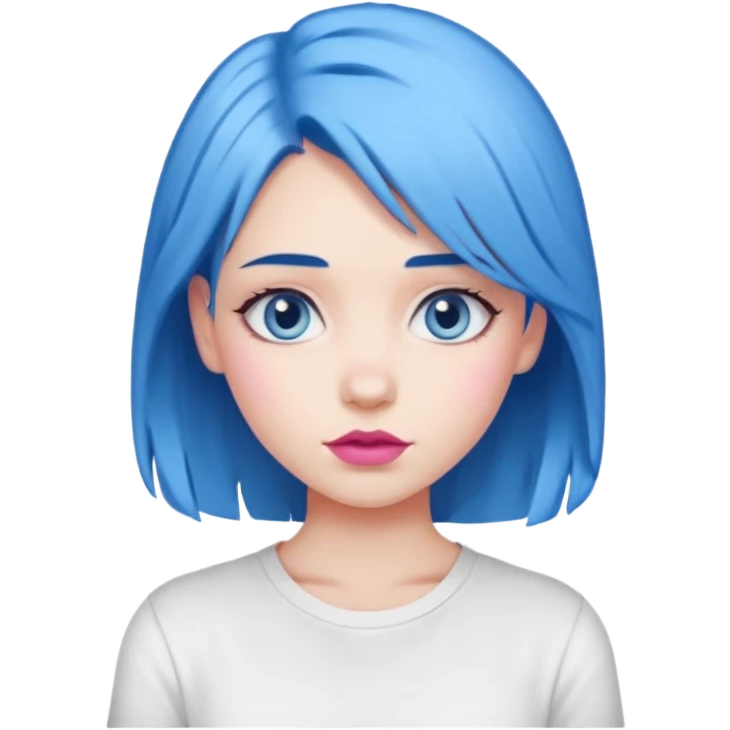 girl with blue hair to shoulders, blue eyes, pink lips, wearing a white shirt emoji