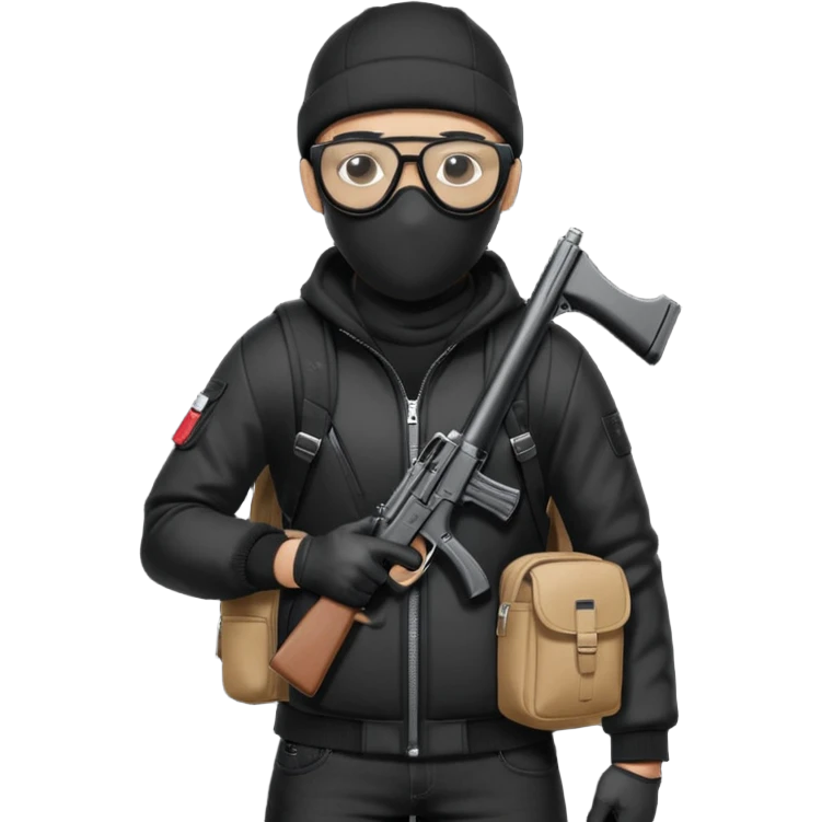 YN wearing a ski mask, holding a gun, all black fit, black jeans, Sprayground bookbag, confident stance with glasses emoji