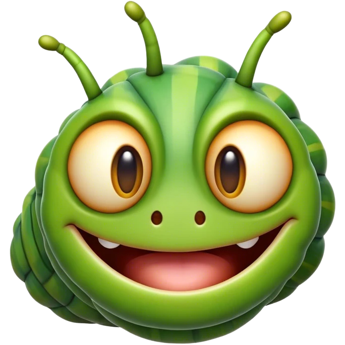 Cinematic Realistic Comical Caterpillar Portrait Emoji, Head tilted dramatically with an exaggeratedly amused expression, featuring a strikingly detailed segmented body in vibrant green with bold natural banding and wide, expressive eyes full of playful disbelief, rendered with lifelike texture and vivid natural colors, high shine, dramatic yet playful, styled with an air of cheeky garden mischief, soft glowing outline, capturing the essence of a spirited and over‐the‐top caterpillar that looks ready to wiggle its way into viral fame! emoji