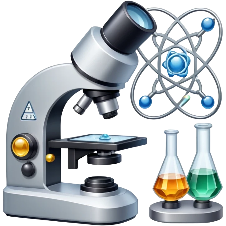 An icon featuring an electronic microscope, a metal alloy, atomic structure symbols, and a crystal structure, symbolizing materials science. The design includes different materials like metals, ceramics and polymers, alongside a stamp representing testing and quality control. Transparent background emoji