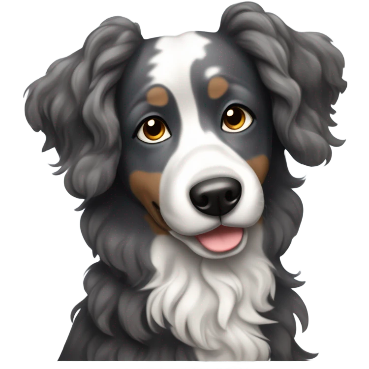 Black and dark grey merle dog with curly hair and long floppy ears and dark brown eyes emoji