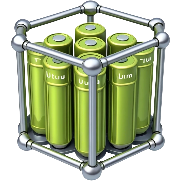 A bundle of uranium fuel rods used in a nuclear reactor, with a metallic structure and cylindrical rods, arranged in a hexagonal grid, futuristic and industrial style emoji