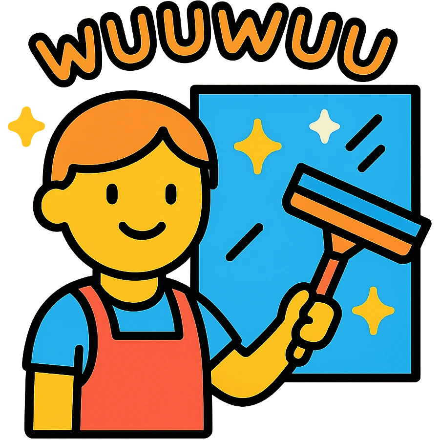 person cleaning a window with a squeegee, sparkling clean, playful 'wuuwuus' text, vibrant colors emoji