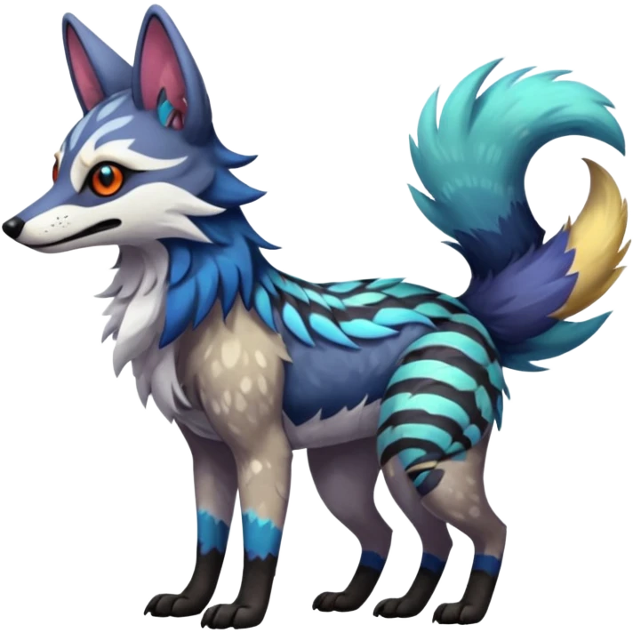 Colorful Silvally-Coywolf-Dingo-Aardwolf-Nargacuga-Trico-Genet-fusion-animal-hybrid-creature, full body emoji