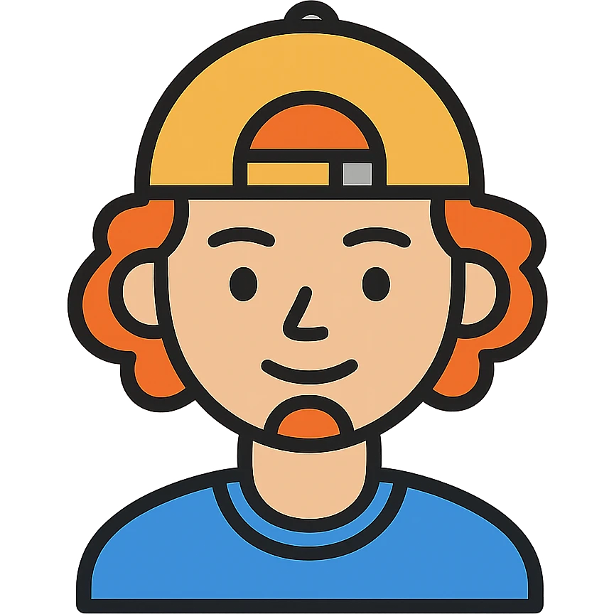 A boy with a backward cap, curly orange hair, and a goatee emoji