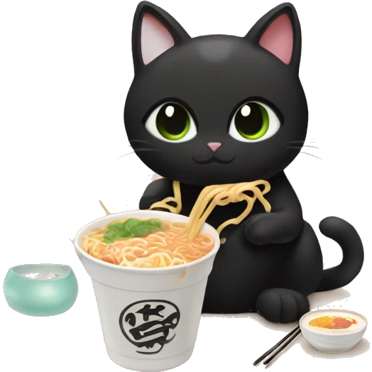 black cat eating ramen noodles and boba tea beside emoji
