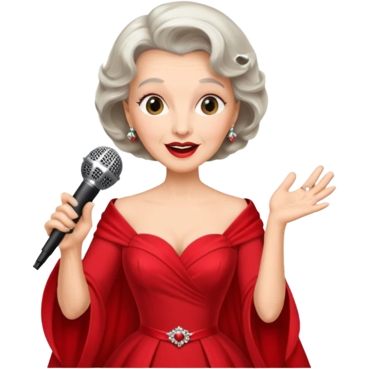 Older woman – elegant gown, 50s, diva, red dress, singing into mic emoji