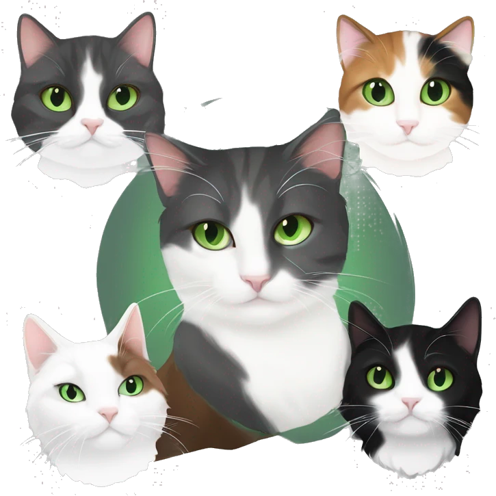 gray and white tuxedo cat with green eyes cuddling with long hair brown black and white calico cat with green eyes emoji